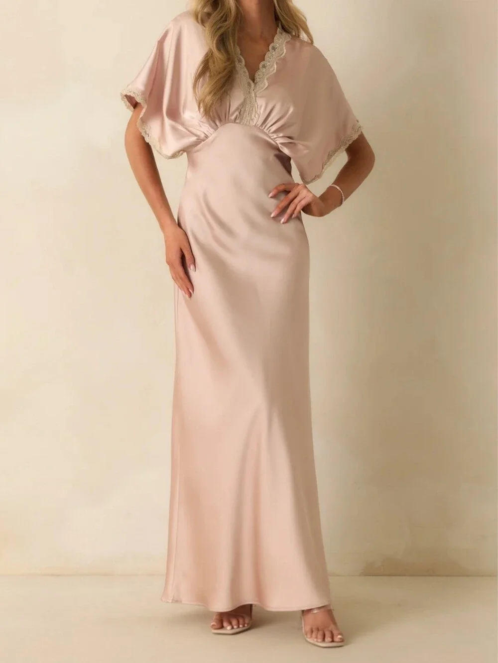 Pink Satin Lace Maxi Dress Small V-Neck Flowy Gown by Dress Forum Los Angeles - Picture 1 of 15
